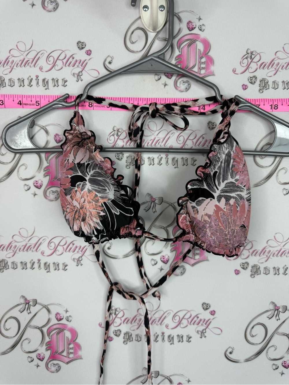 Reversible bikini top cheetah Floral Ruffle Triangle Bikini Top - Pink & Black